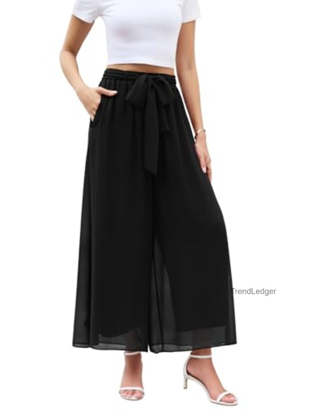 Wide Leg Chiffon Dress Pants Elastic Waist Pockets Trousers